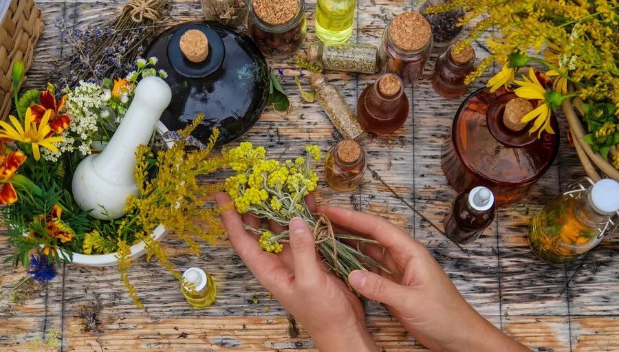 A diverse collection of alternative medicine practices, including herbal remedies, acupuncture needles, meditation, and chiropractic tools, symbolizing natural and holistic healing approaches."